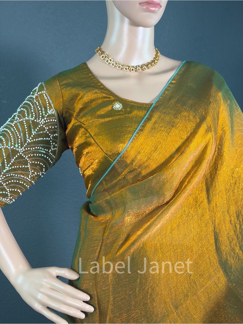Gold-Green Shimmer space silk Saree with stitched blouse (Brand New)